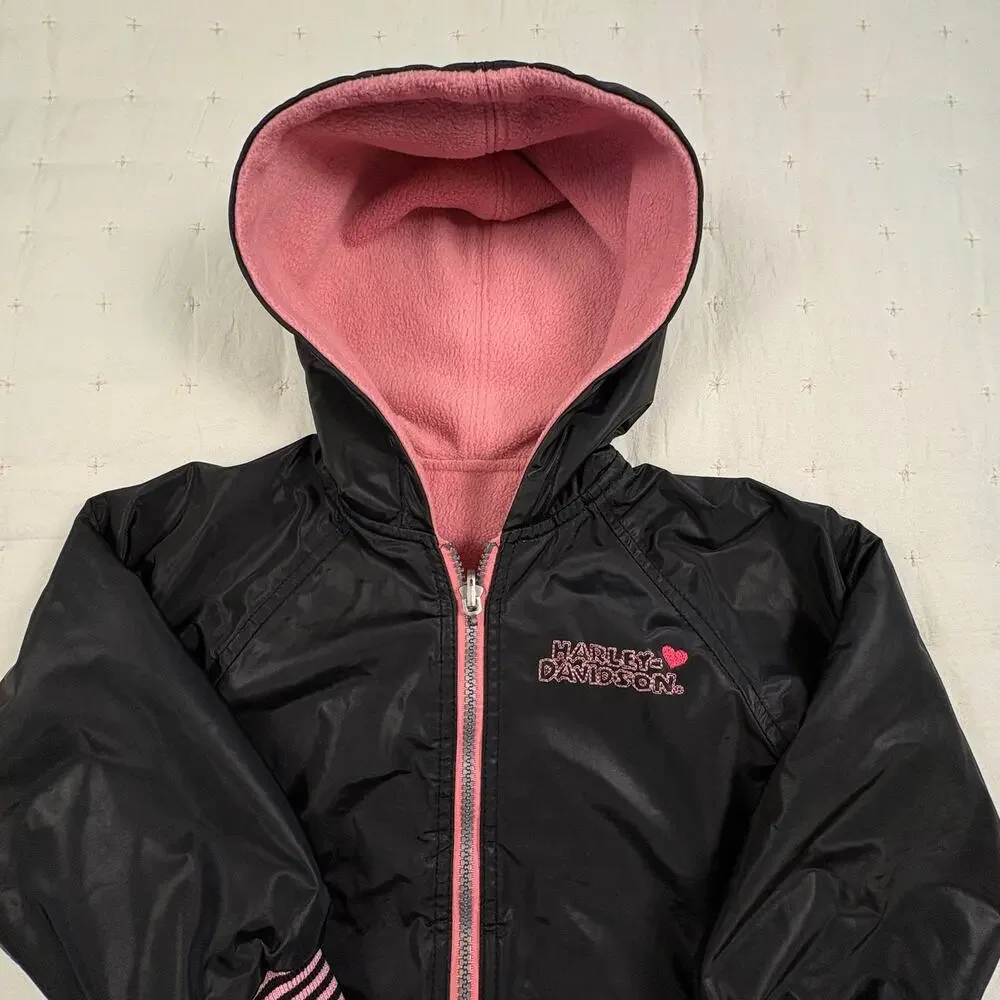 Harley-Davidson Reversible Hoodie Jacket Girls 4T Black Pink Biker Coat